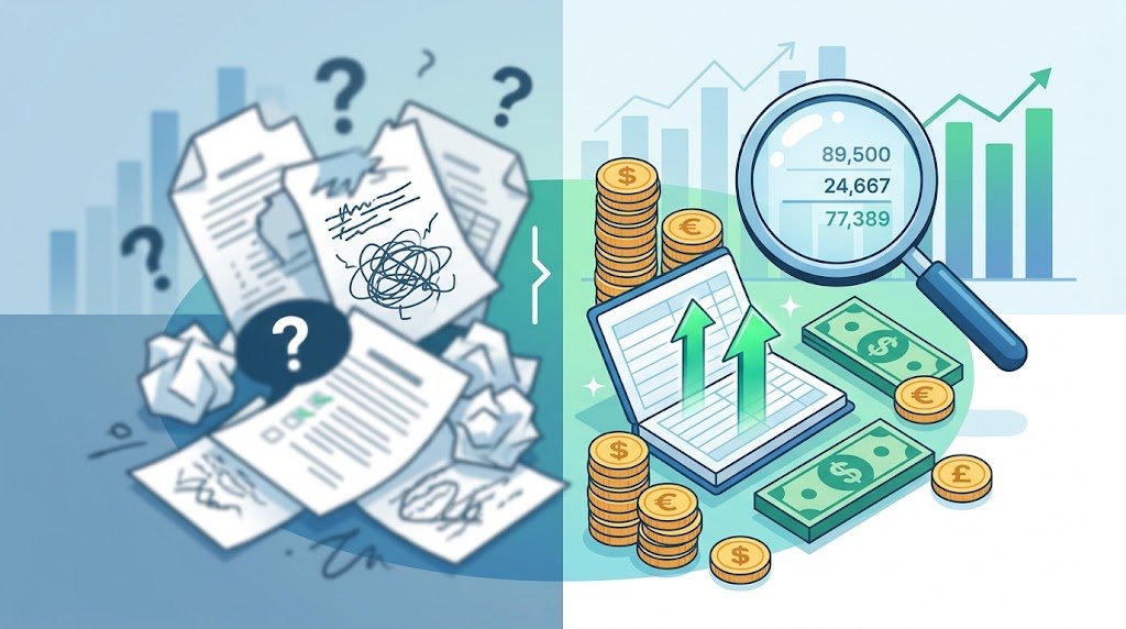 Split illustration comparing messy, confusing paperwork with question marks on the left to organized financial charts, stacked coins, and a magnifying glass revealing clear data on the right.