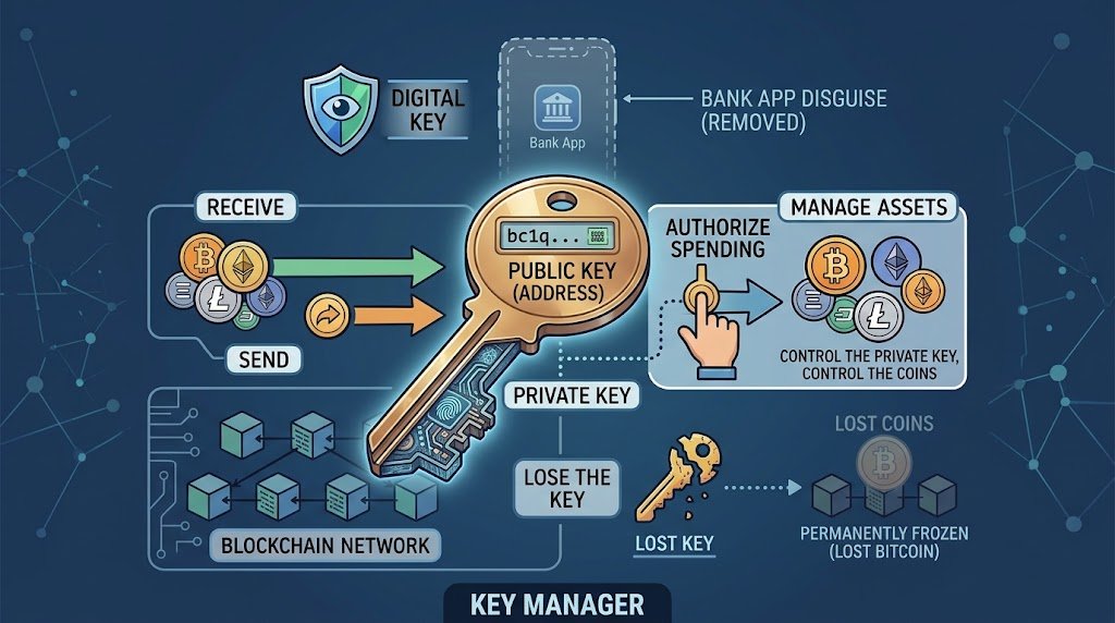 An educational infographic diagram explaining how crypto wallets manage public and private keys to authorize transactions on a blockchain network.