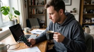 A man drinks coffee while checking the today's top cryptocurrency gainers list on his phone.