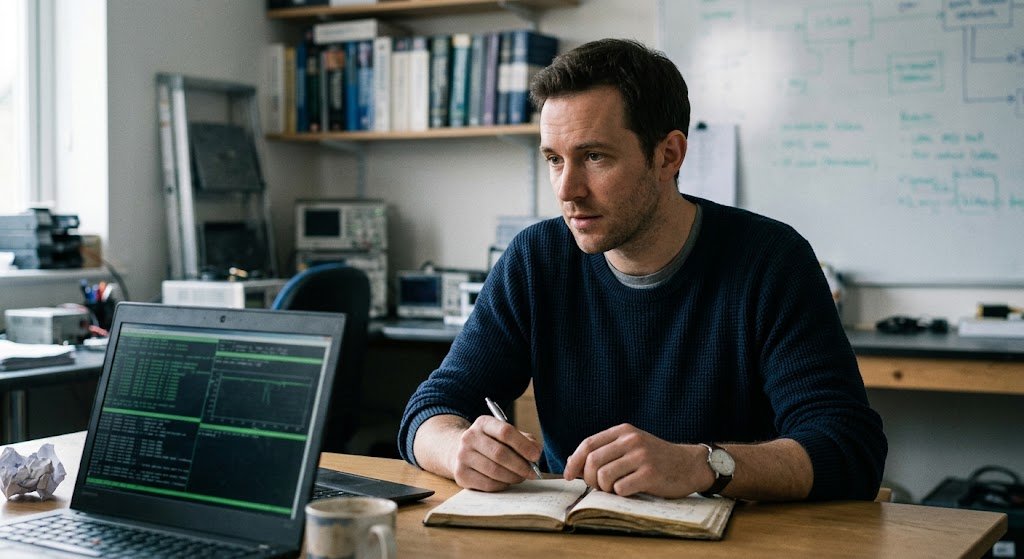 A man is sitting at a desk with an open book and pen in hand, looking thoughtfully toward a laptop.