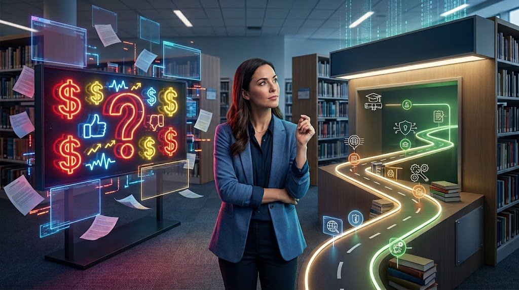 A professional standing between a glowing screen displaying neon hype symbols and a clear illuminated path representing a structured educational journey in a modern office environment.