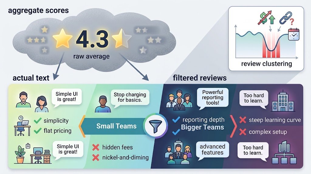 An abstract visual illustration representing review analysis, featuring glowing data streams, star rating symbols, magnifying glass focus icons, and filtering concepts on a sleek, modern background.