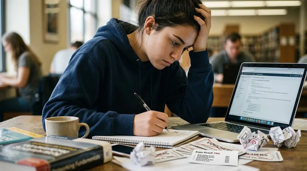 A close-up view of the student, with a weary expression, holding a pen over notes with small crumpled papers.