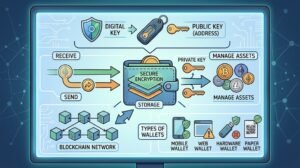 An illustrative graphic showing the internal components of a secure cryptocurrency wallet, including keys, blockchain connection, and asset storage.