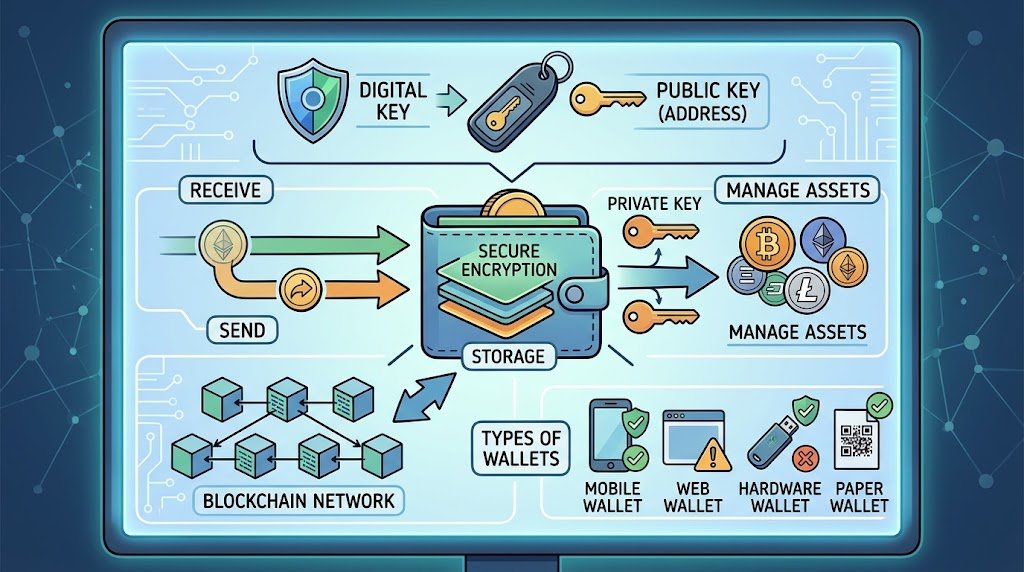 An illustrative graphic showing the internal components of a secure cryptocurrency wallet, including keys, blockchain connection, and asset storage.