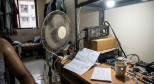 A man sits at a messy desk next to an electricity bill and a DIY cryptocurrency mining setup cooled by a fan.