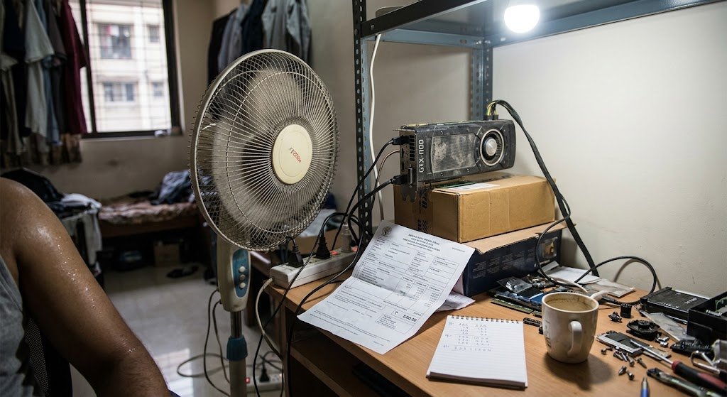 A man sits at a messy desk next to an electricity bill and a DIY cryptocurrency mining setup cooled by a fan.
