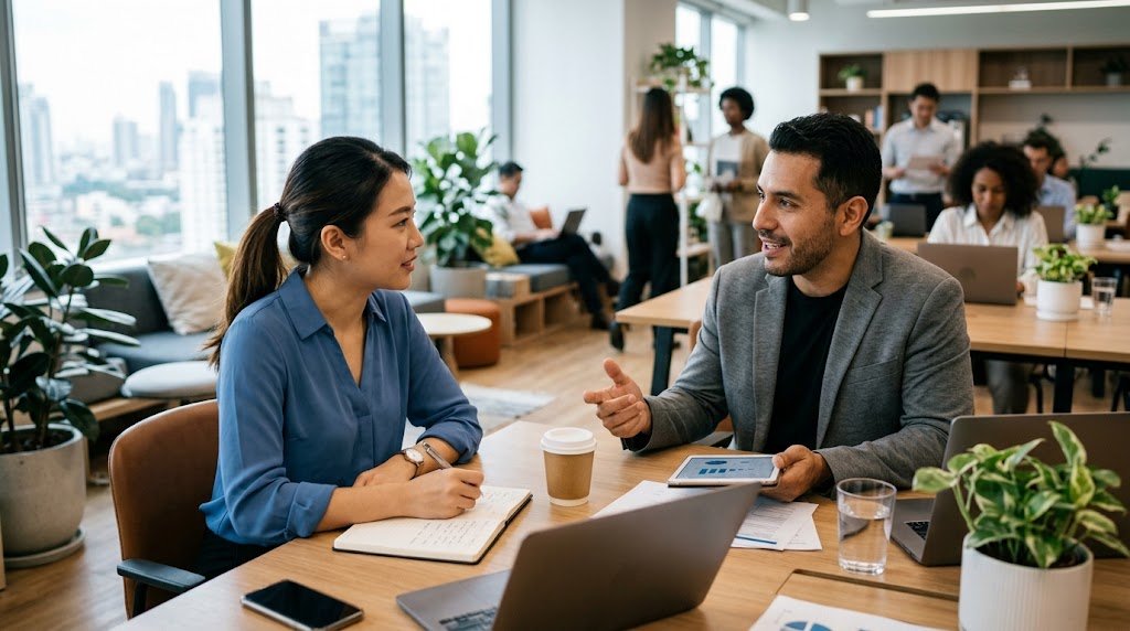 An employee and a job seeker discuss opportunities in a modern, open-plan office.