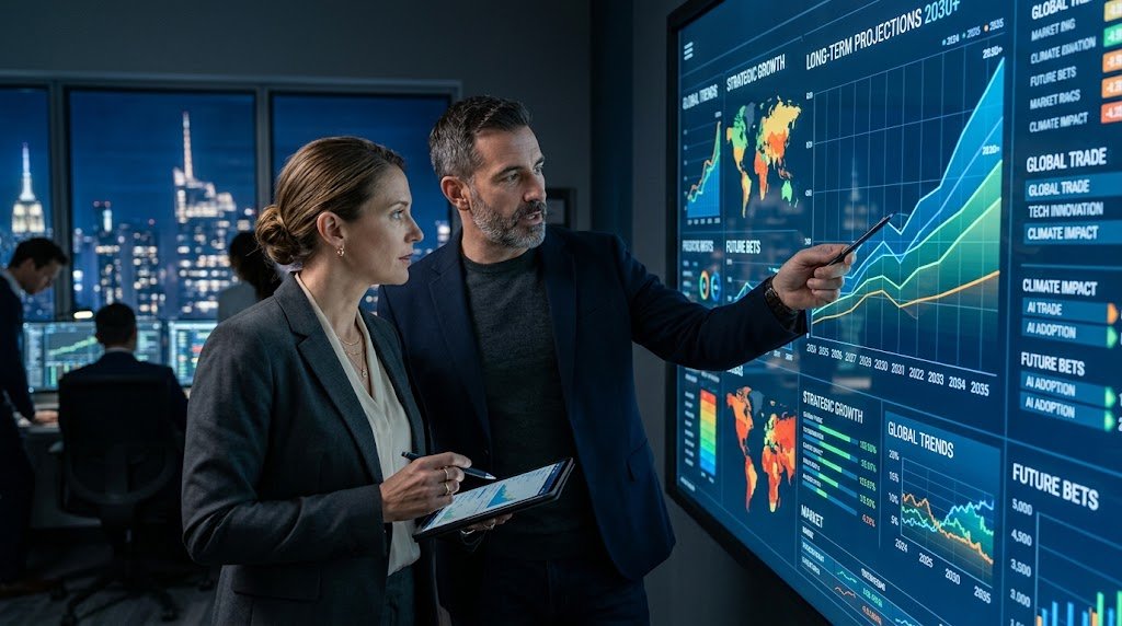 Two corporate analysts stand before a large digital screen with rising charts and predictive graphs.