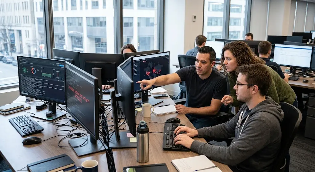 Three cybersecurity analysts review live threat data on desktop monitors in a modern office.