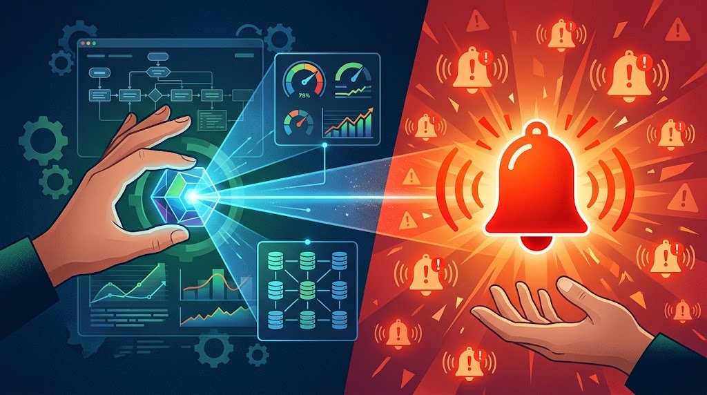 A split image contrasting a structured dashboard with data charts, workflows, and a hand interacting with a glowing central node on the left, against a chaotic red background filled with ringing alarm bell icons and warning signs on the right.