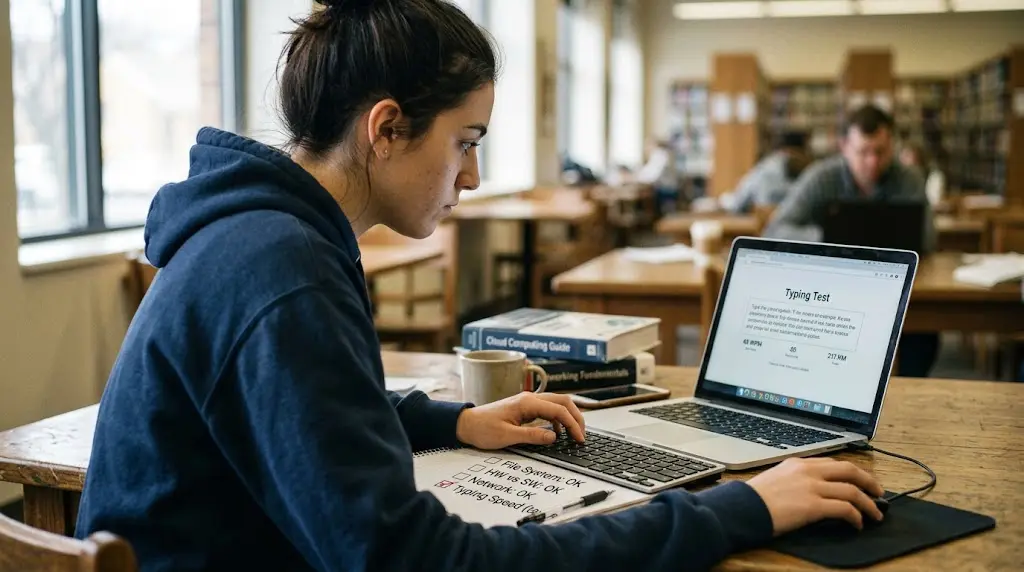 A young woman in a hoodie is focused on a typing test on her laptop at a desk, with fundamental IT skills checkmarks in a notebook beside her.