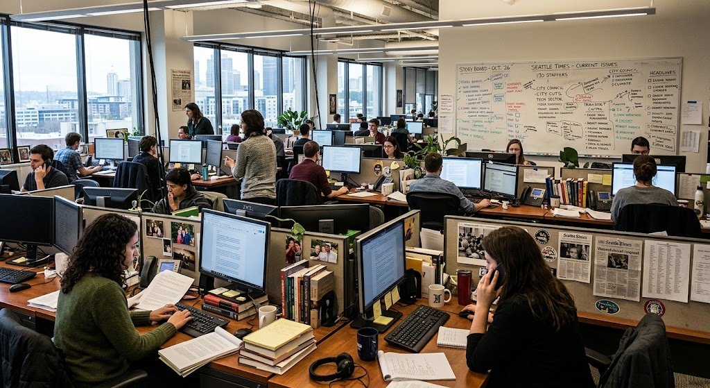 A busy newsroom filled with journalists working at their computers and discussing current issues.
