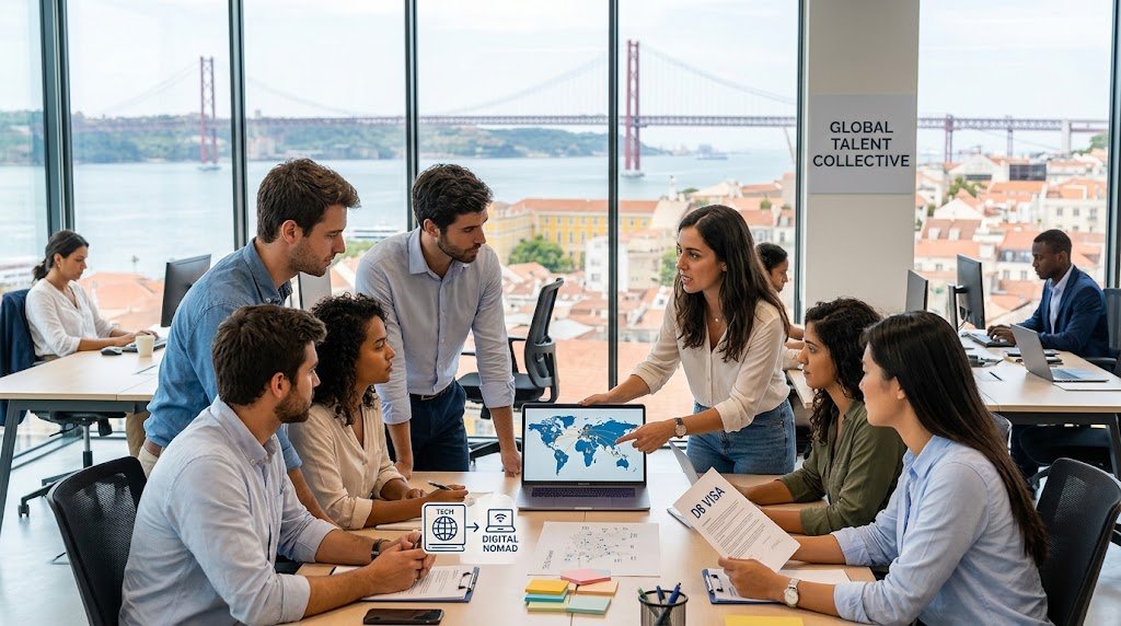 A close-up view of a diverse group of four young professionals at a modern desk in Lisbon, overlooking the 25 de Abril Bridge[cite: 10, 11]. On a piece of paper held by a woman in a light blue shirt, new centered text reads: "THE IMPACT ON THE GLOBAL TALENT POOL." Other details, including the other papers, laptops, and background skyline, are preserved from image_10.png[cite: 10, 11].