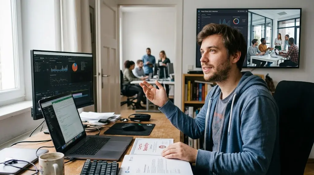 A man in a home office sits at a desk looking confidently toward a blurred background office where other people are collaborating.
