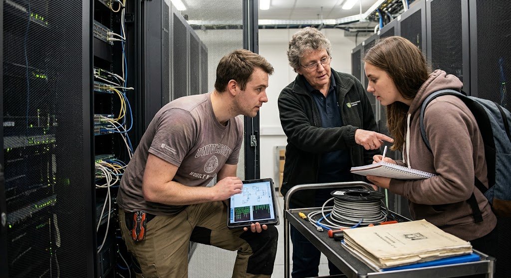 An IT manager and a student review network diagnostics on a tablet inside a server room.