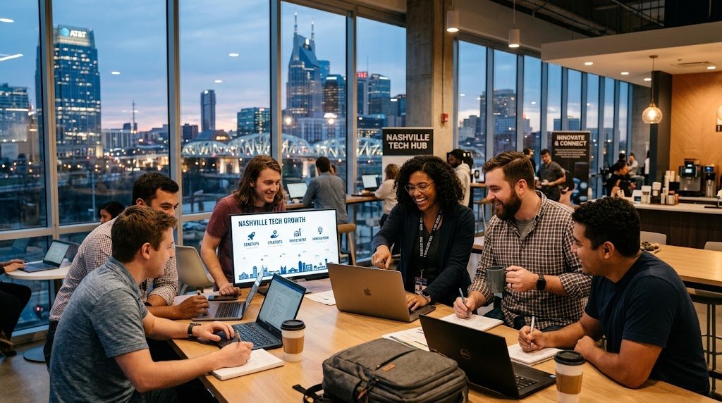 Diverse tech professionals collaborating around laptops inside a modern Nashville office overlooking the illuminated downtown skyline.