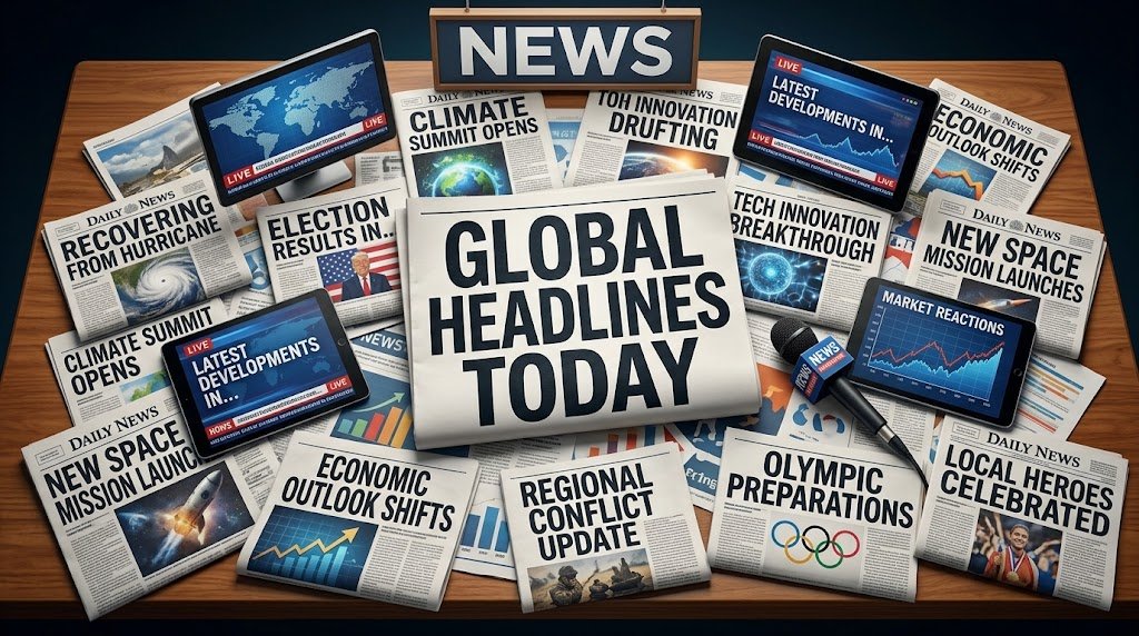 A collage of newspapers and screens displaying varied global news headlines[cite: 7].