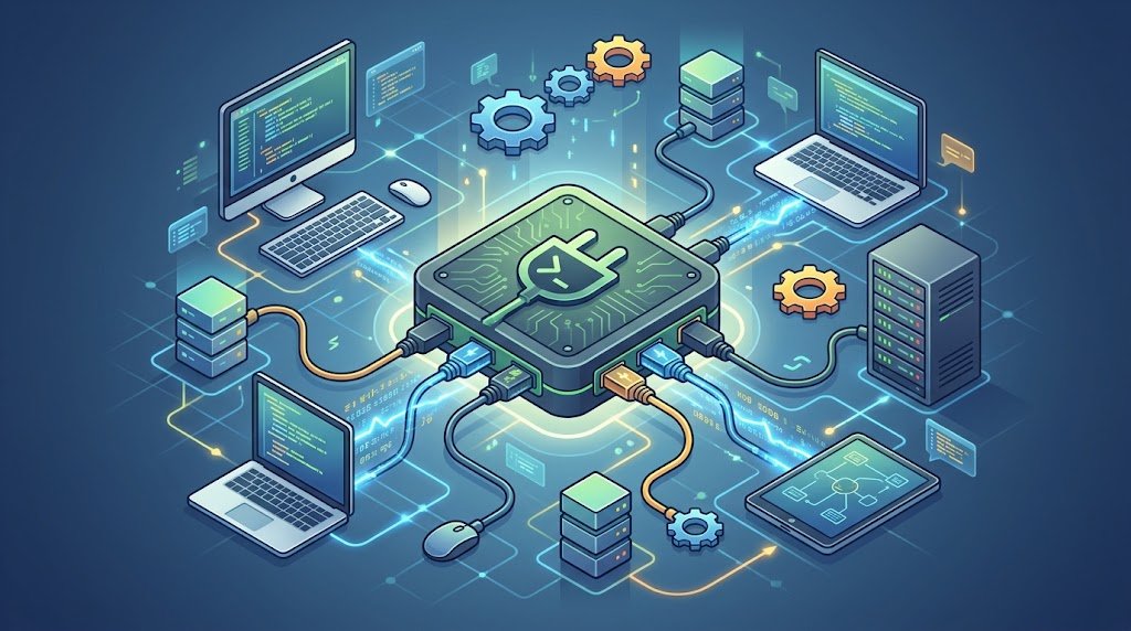 An isometric diagram of devices, laptops, and servers interconnected to a central microchip hub via glowing cables.