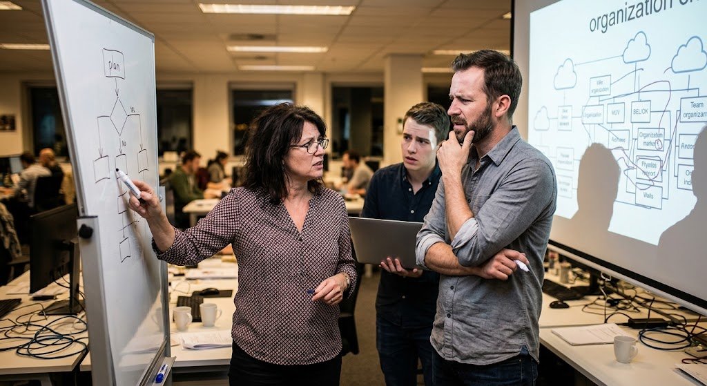 Three colleagues gather around a whiteboard and a cloud architectural diagram in a candid office meeting, debating a complex software setup.