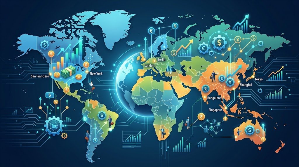 A stylized digital world map showcasing glowing investment nodes, currency symbols, and growth charts across global tech regions.