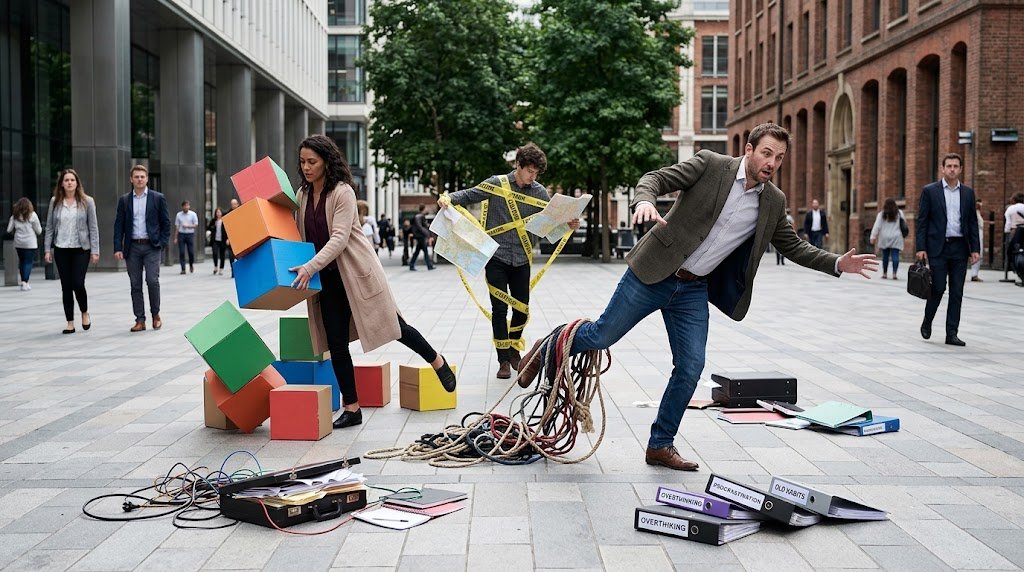 A man in business attire tripping over a tangled bundle of ropes on a paved city plaza, losing his balance near scattered binders and folders.