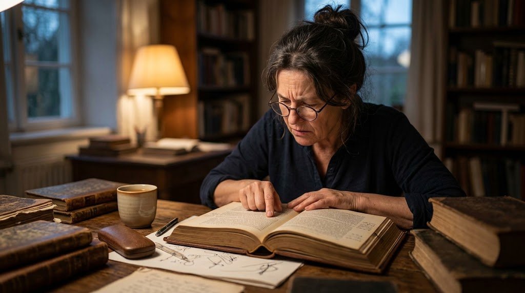 A woman appears confused while reading a book in her study.