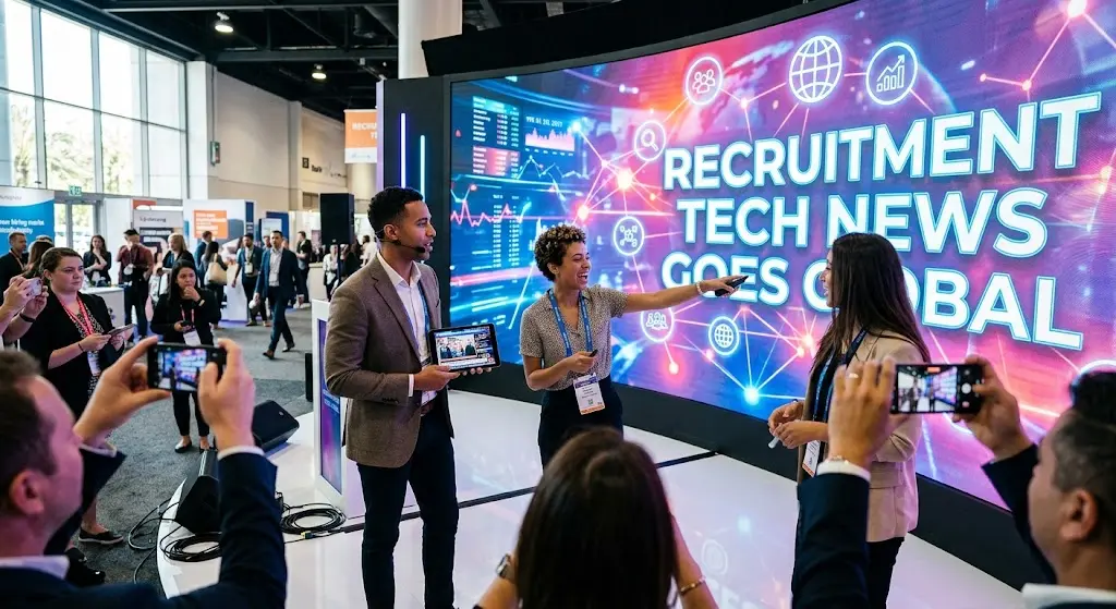 A lively presentation at a global recruitment technology conference, where speakers present on a large screen displaying 'RECRUITMENT TECH NEWS GOES GLOBAL' and the audience captures the moment with smartphones.
