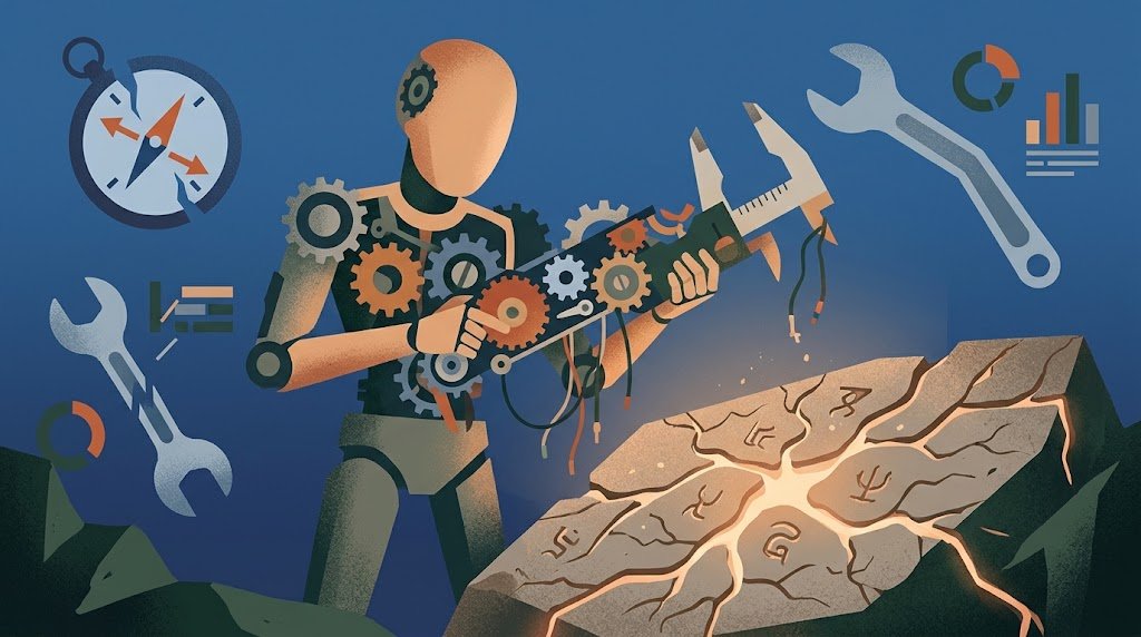 A robotic figure holding mechanical tools while attempting to work on a cracked, ancient stone slab, surrounded by floating gears, broken compasses, and technical charts on a dark blue background.
