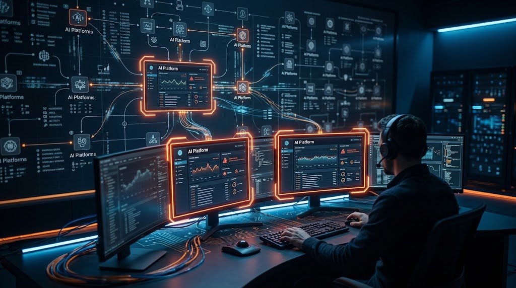 An operator in a futuristic control center monitors glowing holographic screens displaying active AI platform data networks.