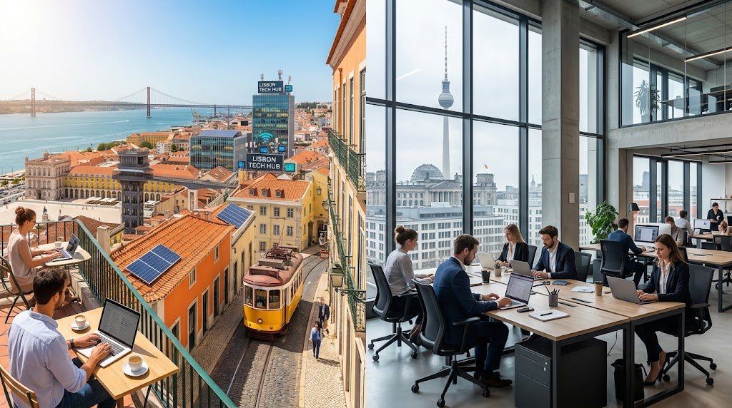 Split screen: Sunny Lisbon outdoor workspace vs. Modern Berlin co-working space[cite: 9].