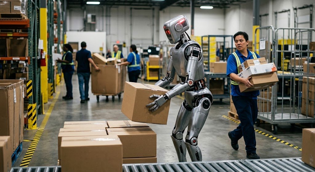 A metallic humanoid robot awkwardly struggles to lift a cardboard box alongside focused human warehouse workers in a busy distribution center.
