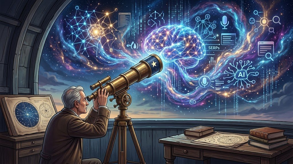 Alt Text: Blinded astronomer using telescope on digital brain sky, featuring 'PAGE ONE' paper.