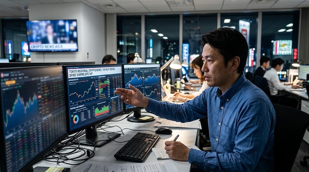 Focused cryptocurrency trader analyzing regional market data charts on multiple computer screens inside a modern office.