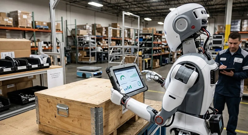 In a warehouse, a sleek white robot monitors data on a tablet, symbolizing the convergence of hardware and embodied AI.
