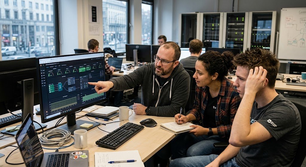 Three IT professionals gather around a monitor analyzing a complex cloud management dashboard in a busy office setting.