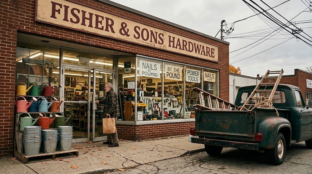 A vintage brick hardware store with colorful watering cans outside and a pickup truck parked alongside.