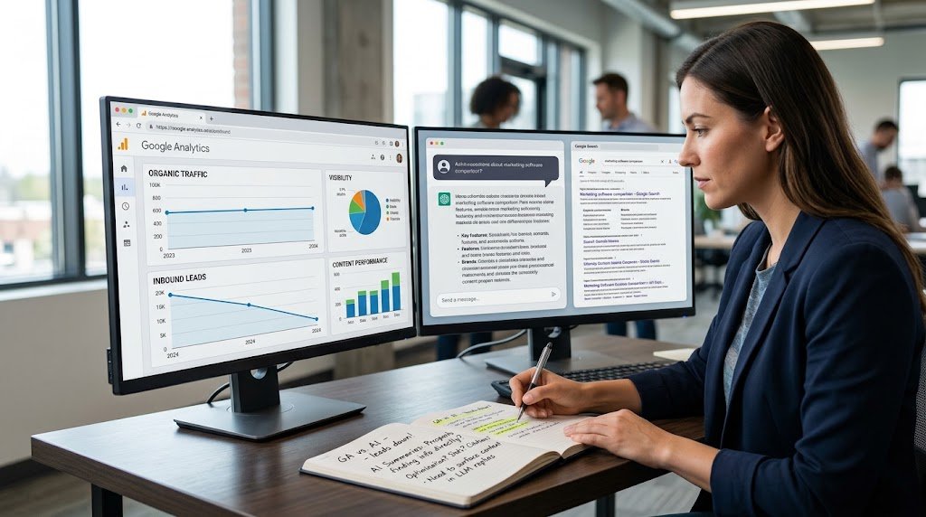 A marketing professional analyzes organic traffic analytics and AI chat answers on dual computer monitors at a desk.