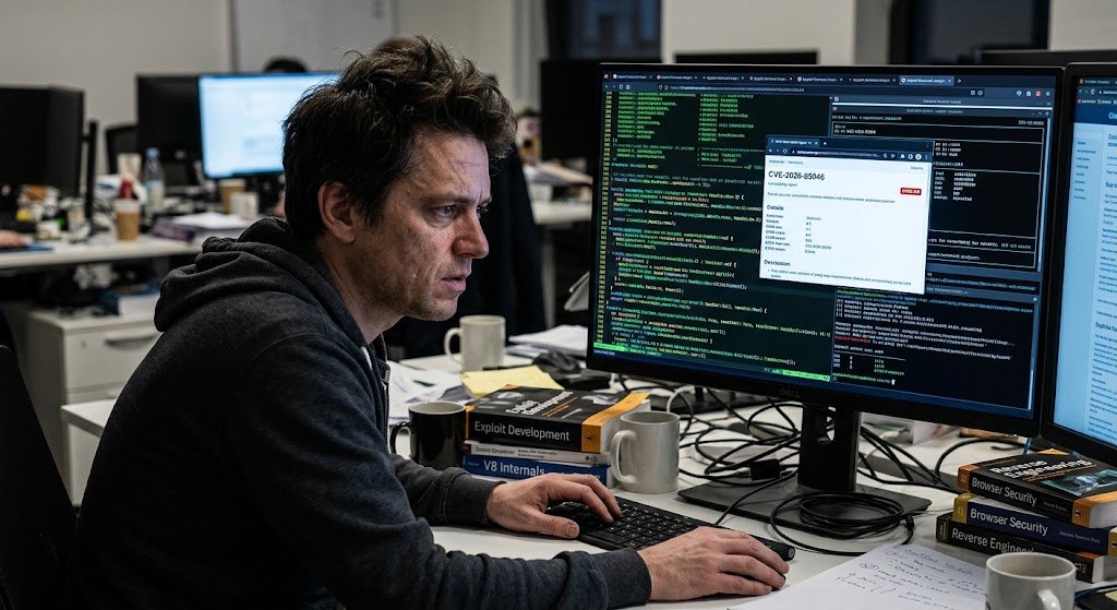 A cybersecurity researcher sits in a candid, dimly lit office examining browser exploit code and CVE vulnerability logs on dual monitors.