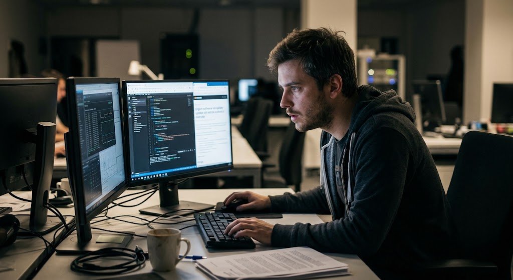 A cybersecurity developer works late at a dual-monitor computer terminal to patch an urgent software vulnerability.